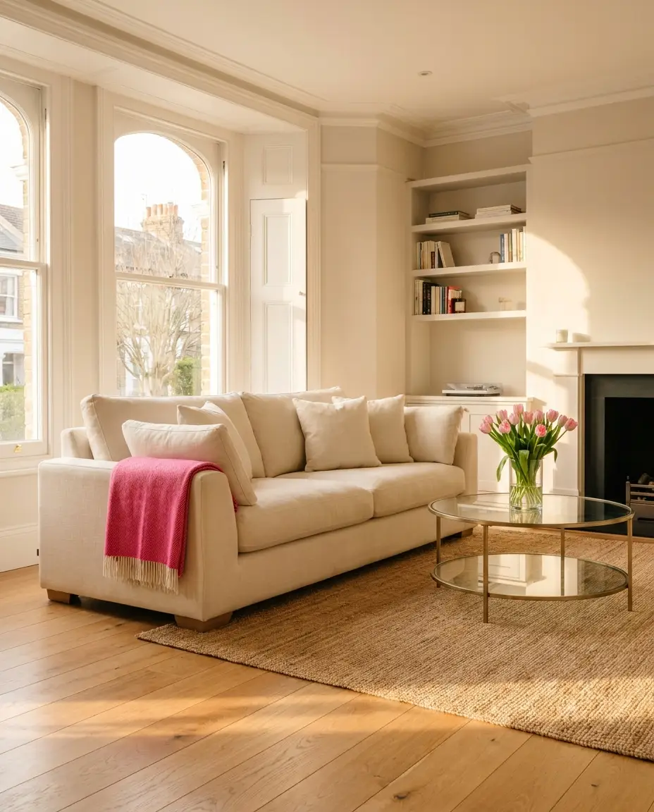 A bright, freshly cleaned living room with pink tulips on the coffee table