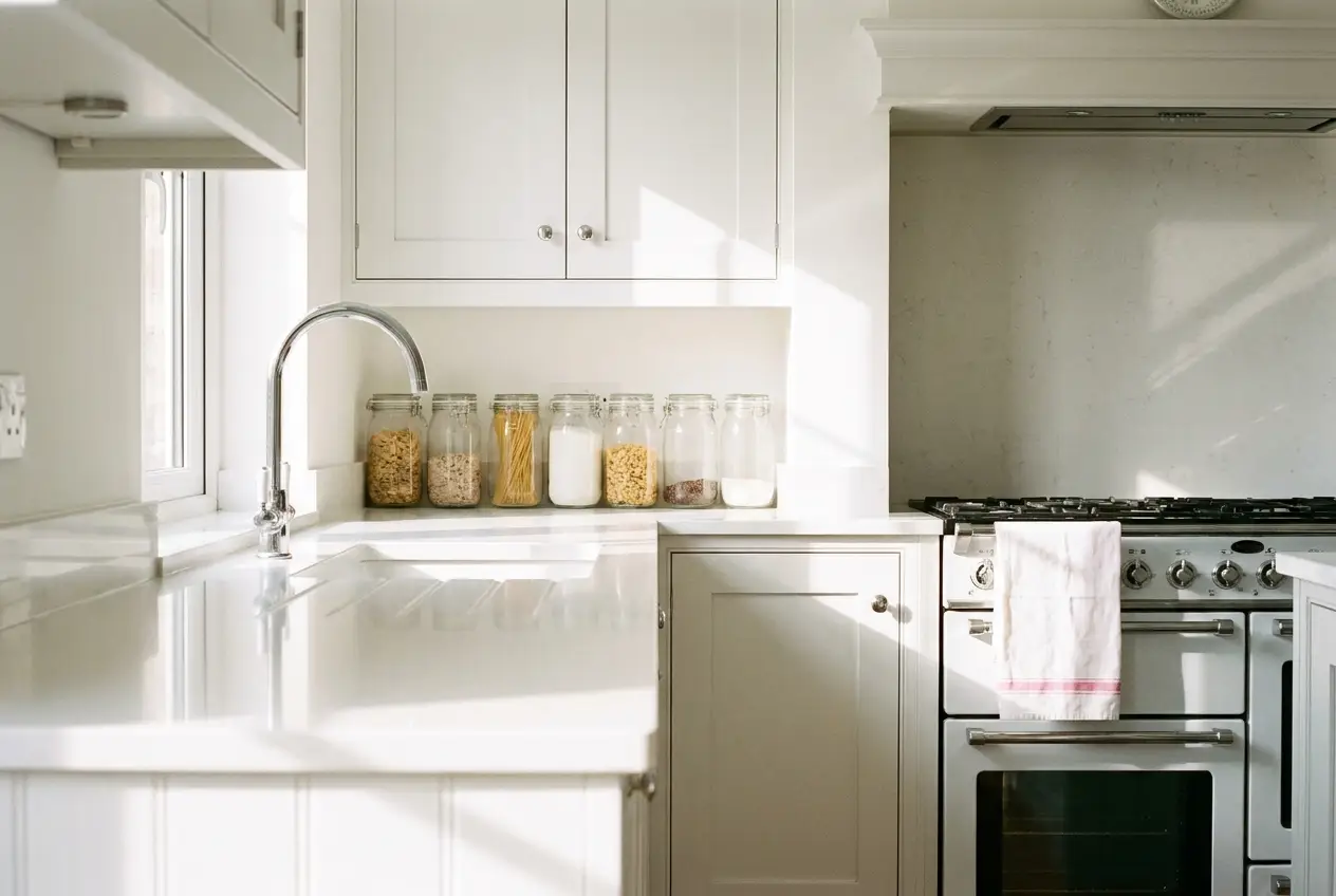 A gleaming, freshly cleaned white kitchen